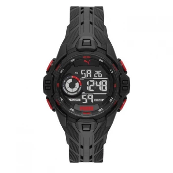 Puma Puma Black And Red Detail Digital Dial Black Pu Strap Watch