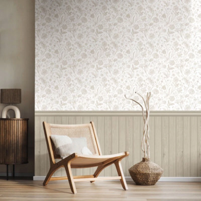Image of Hoopla Walls Tongue And Groove Floral Toile- Stone (10M Wallpaper)