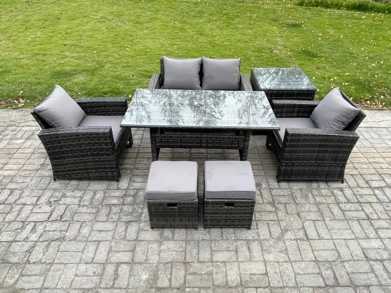 Image of Fimous Pe Wicker Outdoor Garden Furniture Set Patio Furniture Rattan Rectangular Dining Table Lounge Sofa For Garden