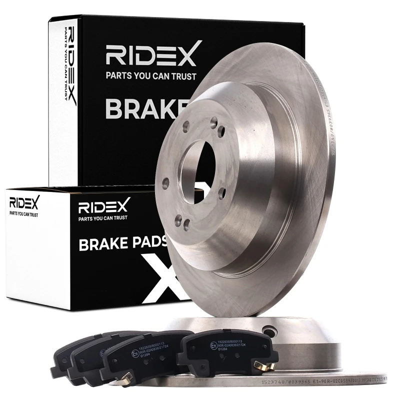 Image of RIDEX 3405B1557 Brake disc and pads set Rear Axle, Brake Disc Type: Solid, with acoustic wear warning, without wheel hub Brake Set,disc brakes (3405)