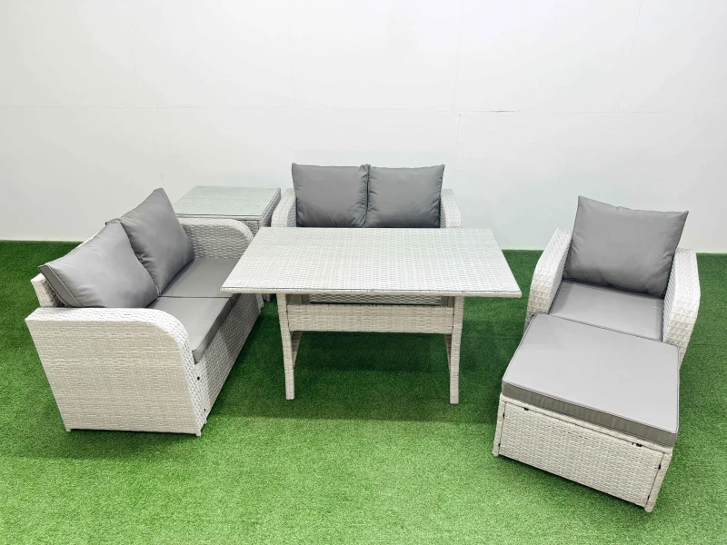 Image of Fimous High Back Poly Rattan Garden Furniture Set with Reclining Chair Loveseat Sofa Rectangular Dining Table Indoor Outdoor Patio Set Big Stool Side