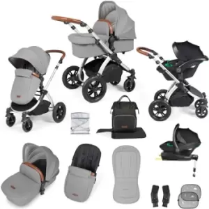 image of Ickle Bubba Stomp Luxe All-in-One Premium i-Size Travel System with ISOFIX Base, Silver / Pearl Grey / Tan