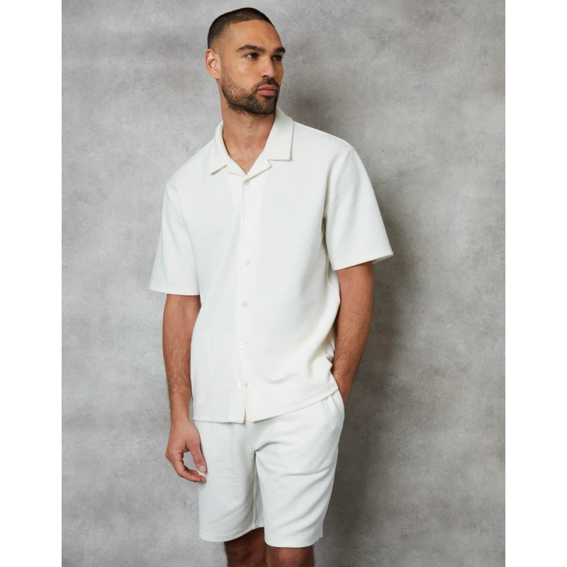 Image of Threadbare Mens Embley Short-Sleeve Patterned Shirt Ecru male Small