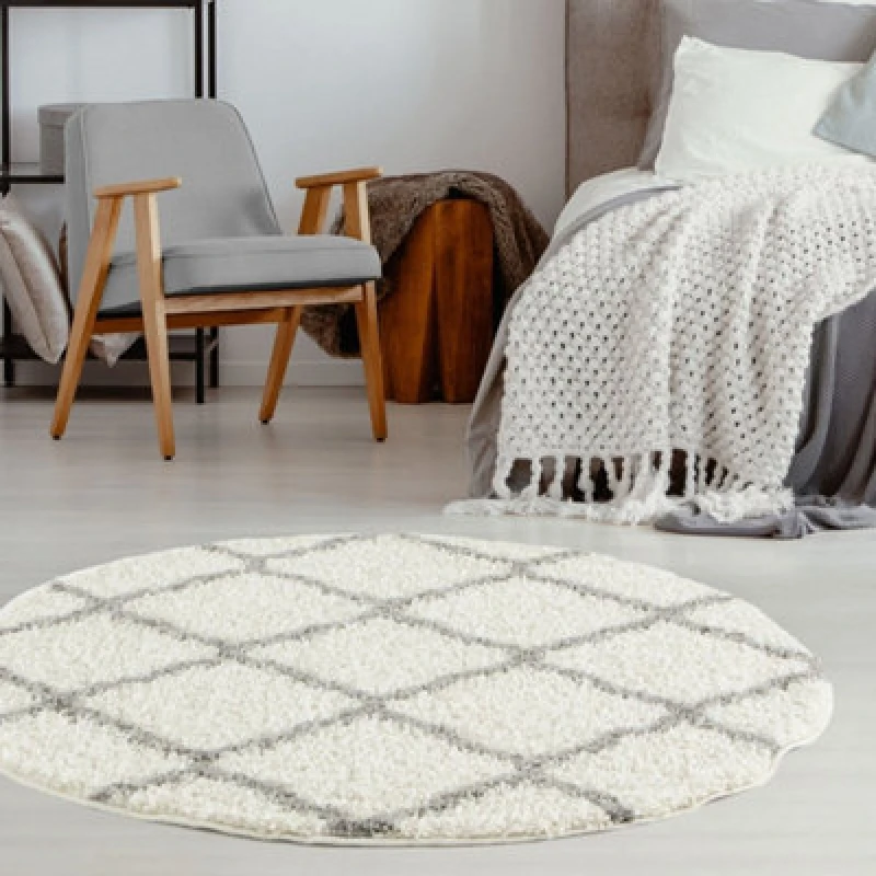 Image of THE RUGS Soft Moroccan Shaggy Rugs & Runners Ivory & Grey Living Room Size: 120cm diameter Ivory Unisex 120cm diameter