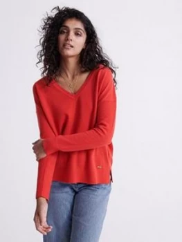 Image of Superdry Edit V-neck Premium Knitted Jumper - Red, Size 8, Women