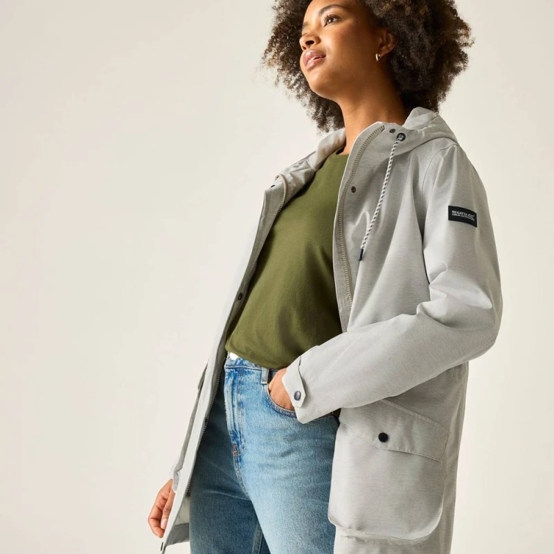 Image of Regatta Womens Norana Hooded Waterproof Jacket in Light Grey Size: 8 Light Grey Female 8