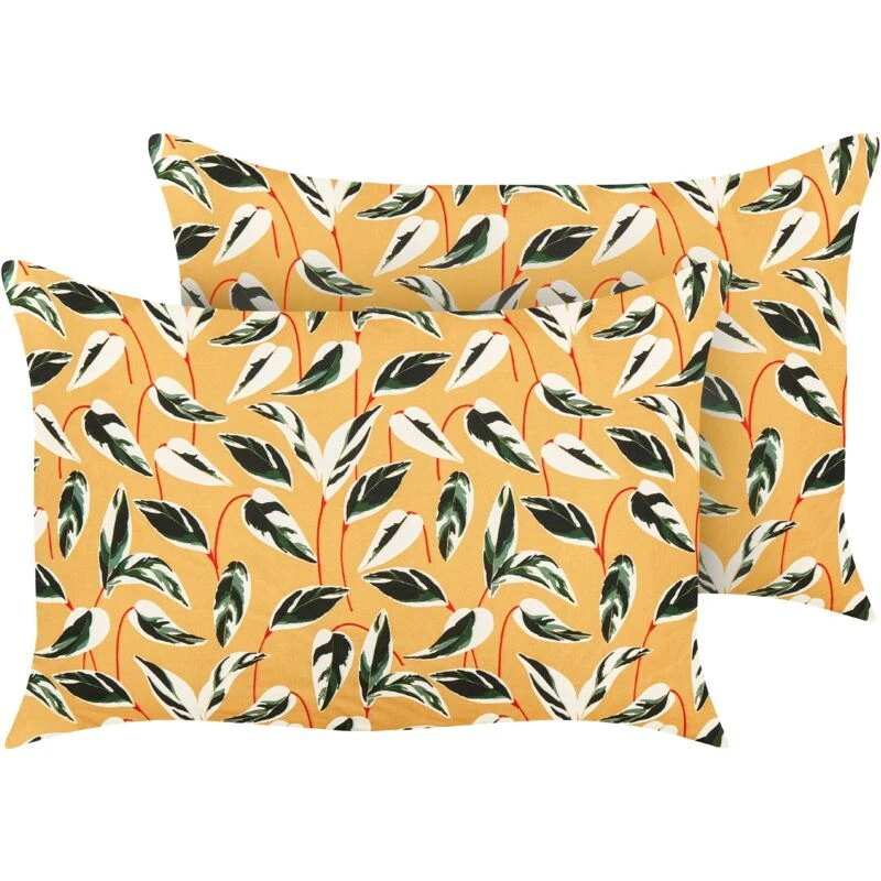 Image of Beliani Set Of 2 Outdoor Cushions Taggia Plant Pattern 40 X 60 Cm Yellow