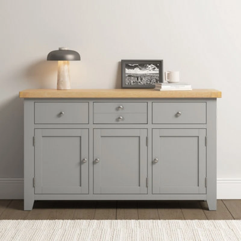 Image of Seconique Windsor 3 Door 3 Drawer Sideboard Pebble Grey With Oak Top Fully Assembled