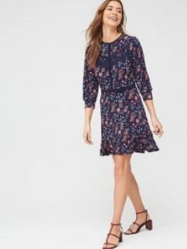 Image of Oasis Trailing Floral Lace Trim Skater Dress - Blue, Multi Blue, Size XL, Women
