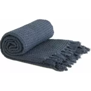 Image of Throw Blanket Sofa Bed Throwover 100% Cotton Recycled Honeycomb Navy 70x100"