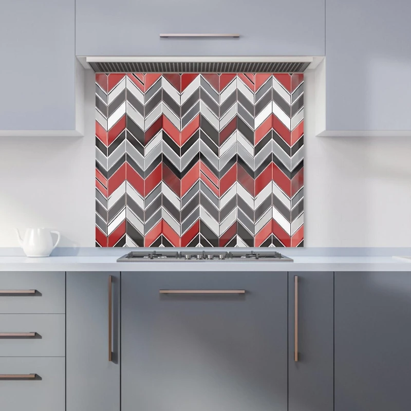Image of Warren Reed - Designer Red Grey Geometric Pattern Kitchen Splashback Size: 700mm x 650mm Grey Unisex 700mm x 650mm