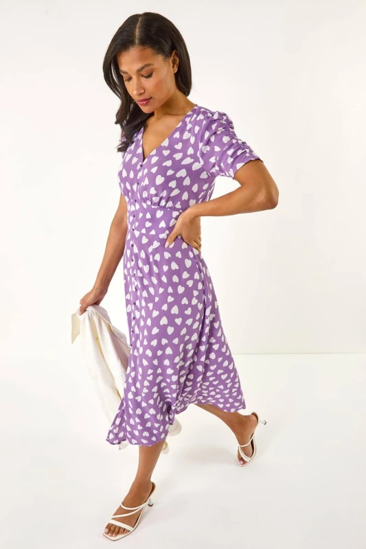 Image of Roman Womens Heart Print Ruched Midi Dress in Lilac Size: 16 Lilac Female 16