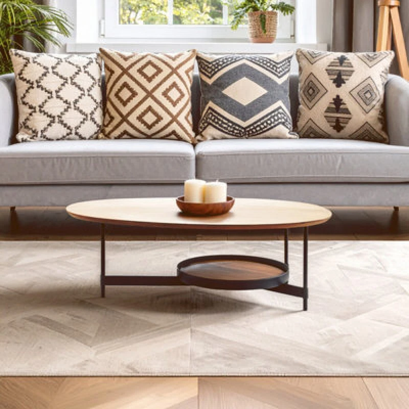 Image of Orsina Oblong Walnut Effect Coffee Table, Walnut Veneer Oblong Top, Black Metal Base With Lower Display Shelf