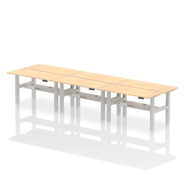 Image of Air Air Back-to-Back 1400 x 600mm Height Adjustable 6 Person Bench Desk Maple Top with Cable Ports Silver Frame HASCP6P14600MPES