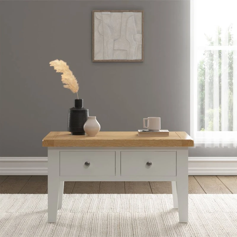 Image of Seconique Windsor Oak And Ivory Coffee Table With Drawers Fully Assembled