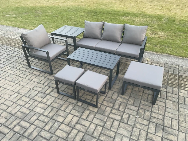 Image of Fimous Aluminium 7 Pieces Garden Furniture Sofa Set with Cushions 7 Seater Outdoor Patio Set with Armchair 3 Footstools Side Table Dark Grey Dark Grey