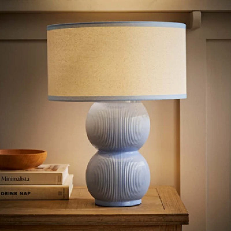 Image of ValueLights ValueLights Gemma Linen with Trim Drum Lamp Shade Stacked Ribbed Glazed Table Lamp in Light Blue Light Blue One Size Unisex 5016529271628