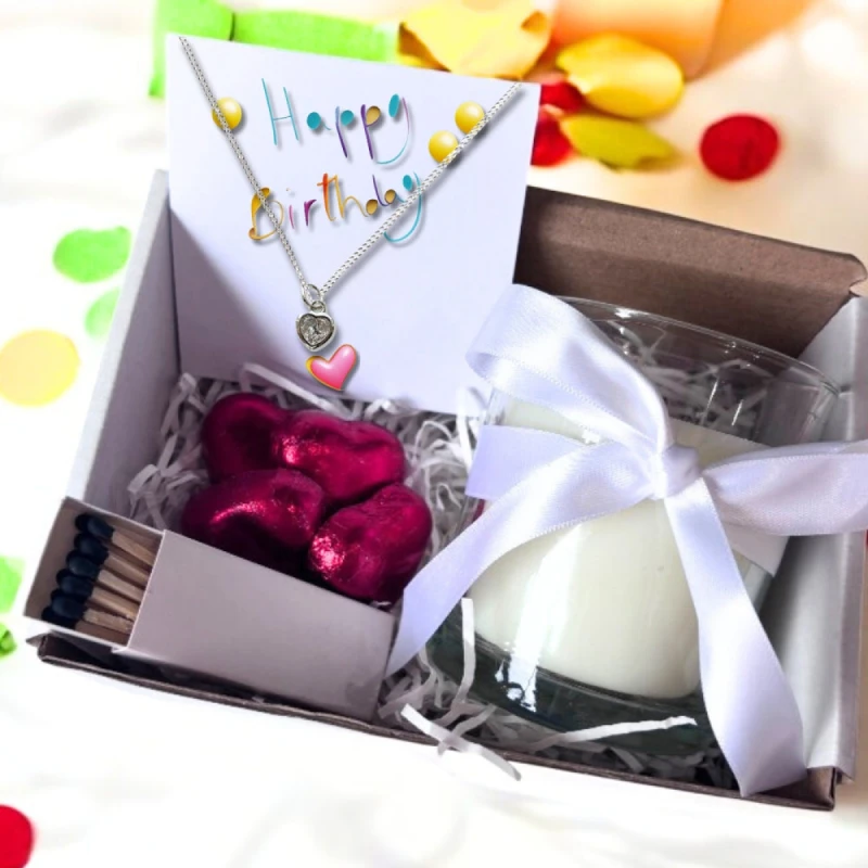 Image of Aye Do Gifts Small Happy Birthday Gift Hamper - Cubic Zirconia Heart Necklace, Chocolates & Candle