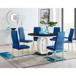 Image of Furniture Box Giovani Round Black Large 120Cm Table and 6 Navy Velvet Milan Gold Leg Chairs
