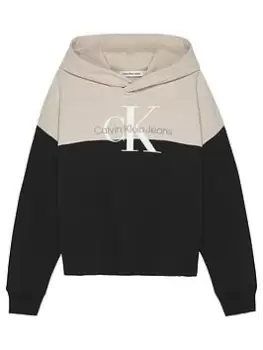Image of Calvin Klein Jeans Girls Colour Block Monogram Hoodie - Black, Size Age: 14 Years, Women