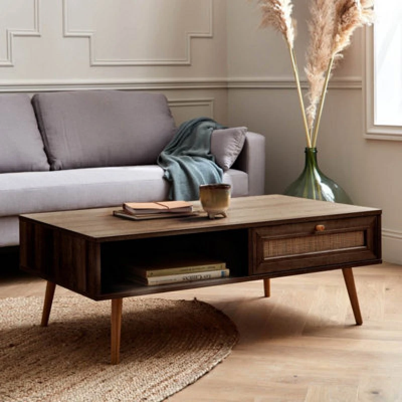 Image of Sweeek - Coffee Table With Wood And Cane Effect Boheme Dark Wood Colour 110X59X39 Cm