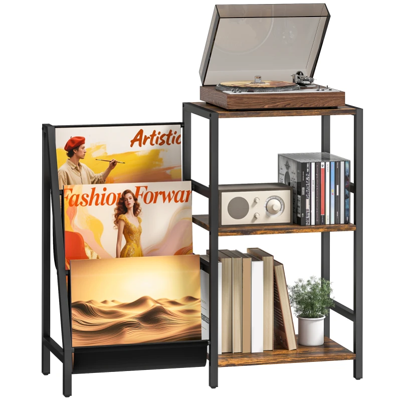 Image of HOMCOM HOMCOM Record Player Stand, 3-Tier Side Table with Vinyl Record Storage in Brown Brown One Size Unisex 5063603278769