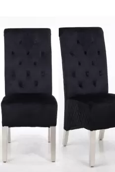 image of A Pair (x2) Velvet Tufted High Back Dining Chairs with Chrome Legs