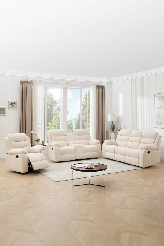 Image of More4Homes Boston Manual Recliner Fabric 1+2+3 Seater Sofa Set W Drinks Console (Beige)