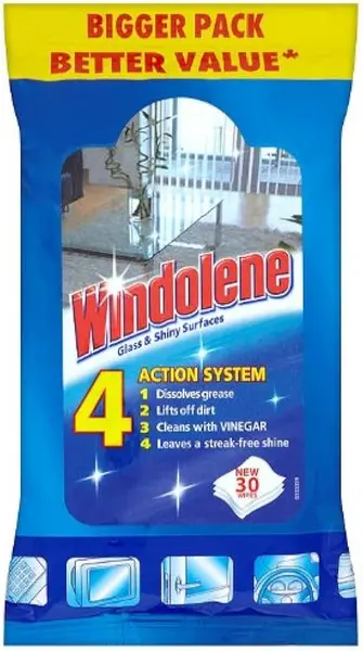 Image of Windolene Glass & Shiny Surfaces 4 Action System 30 Cleaning Wipes