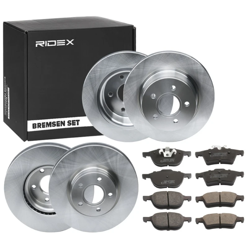 Image of RIDEX 3405B1675 Brake disc and pads set Rear Axle, Brake Disc Type: Solid, excl. wear warning contact, with anti-squeak plate Brake Set,disc brakes (