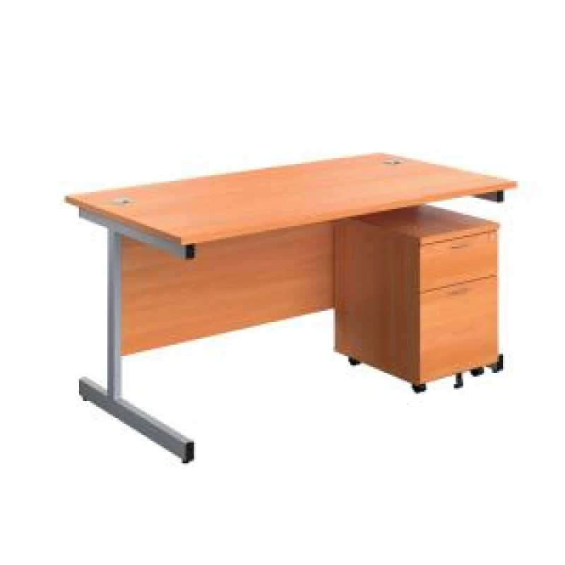 Image of First Single Desk with 2 Drawer Pedestal 1600x800mm Beech/Silver KF803553