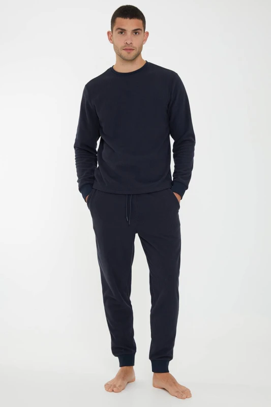 Image of Threadbare Threadbare Men 'Fentun' Waffle Textured Fleece Loungewear Set in Navy Size: Small Navy S Male 7625915006379