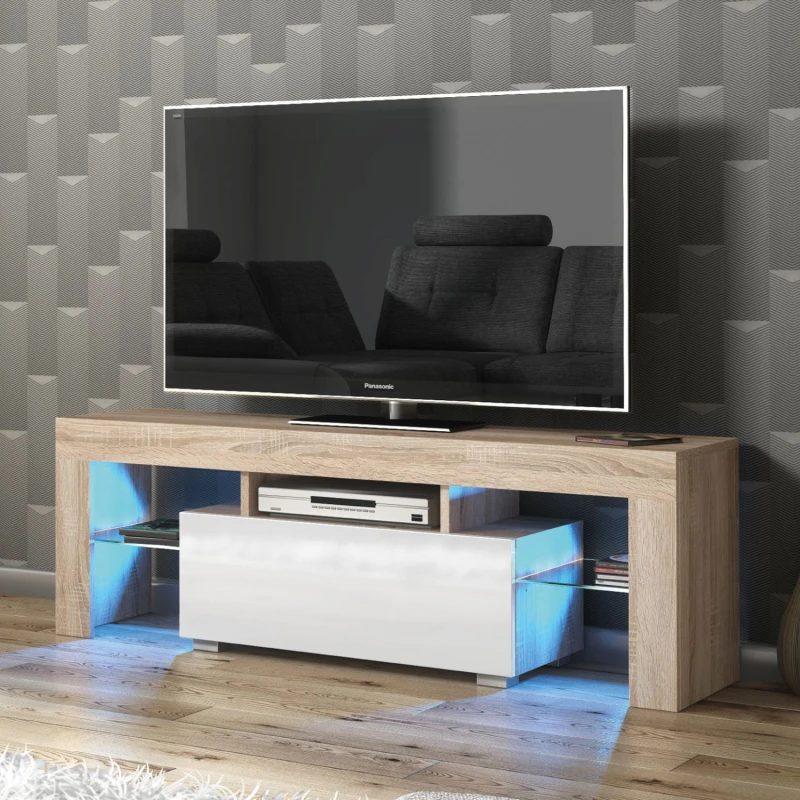 Image of Creative Furniture Creative Furniture Floe TV Unit 130cm - A Sleek and Elegant Cabinet with Gloss Doors and LED Lights in Light Oak Light Oak One Size