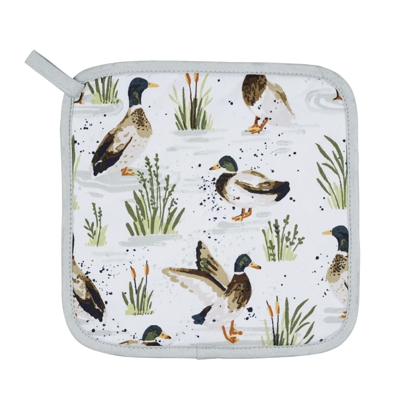 Image of Ulster Weavers 'Farmhouse Ducks' Animal Print 100% Cotton Pot Mat Green