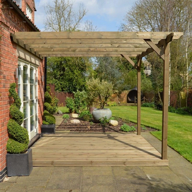 Image of Rutland County Garden Furniture Wall Mounted Garden Pergola And Decking Kit - Wood - L420 X W420 Cm - Rustic Brown