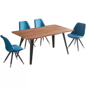 Image of 5 Pieces Life Interiors Sofia Rocco Dining Set - a Walnut Rectangular Dining Table and Set of 4 Blue Dining Chairs - Blue
