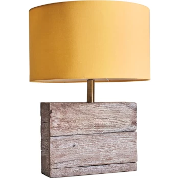 Image of Natural Rustic Wood Table Lamp with Drum Lampshade - Mustard
