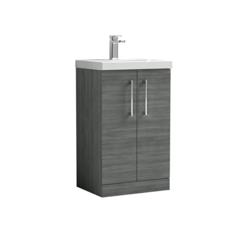 Image of Balterley Contemporary Bathroom Floor Standing 2 Soft-Close Door Vanity Unit & Mid-Edge Ceramic Basin, Anthracite Woodgrain, 500mm in Grey Grey Unisex