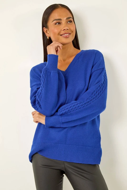 Image of Roman Womens Petite Contrast Sleeve Knit Jumper in Royal Size: 16 Royal Female 16