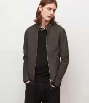 Image of AllSaints Mens Cora Leather Bomber Jacket, Grey, Size: M