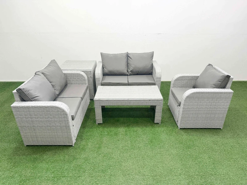 Image of Fimous High Back Poly Rattan Garden Furniture Set with Reclining Chair Loveseat Sofa Oblong Coffee Table Indoor Outdoor Patio Set Side Table Light Gr