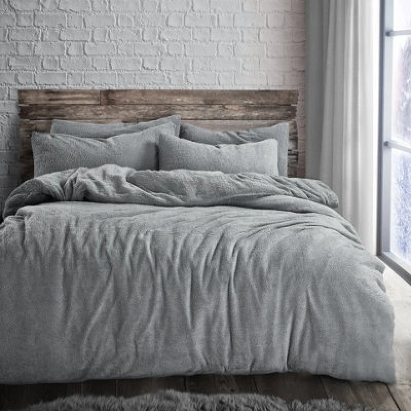 Image of Velosso Teddy Fleece Duvet Cover & Pillowcase Set - Button Enclosure, Machine Washable Bedroom Essentials - Silver