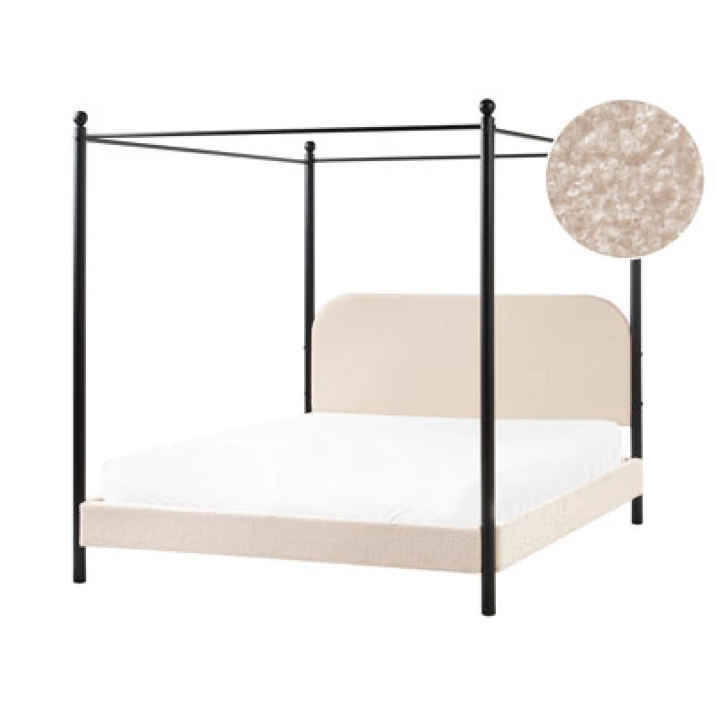 Image of Beliani Four Poster Bed Boucle Dannemois 160 X 200 Cm (Eu King Size) Beige