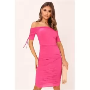 I Saw It First Fuchsia Ruched Side Bardot Midi Dress - Pink