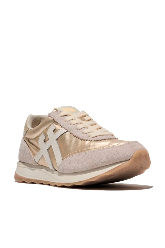 Image of FitFlop Womens Retro-Q Ff Metallic-Fabric/Suede Sneakers Platinum in Silver Size: 5 Silver Female 5