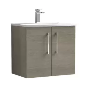 image of Arno Solace Oak 600mm Wall Hung 2 Door Vanity Unit with 30mm Curved Profile Basin - ARN2523G - Solace Oak - Nuie