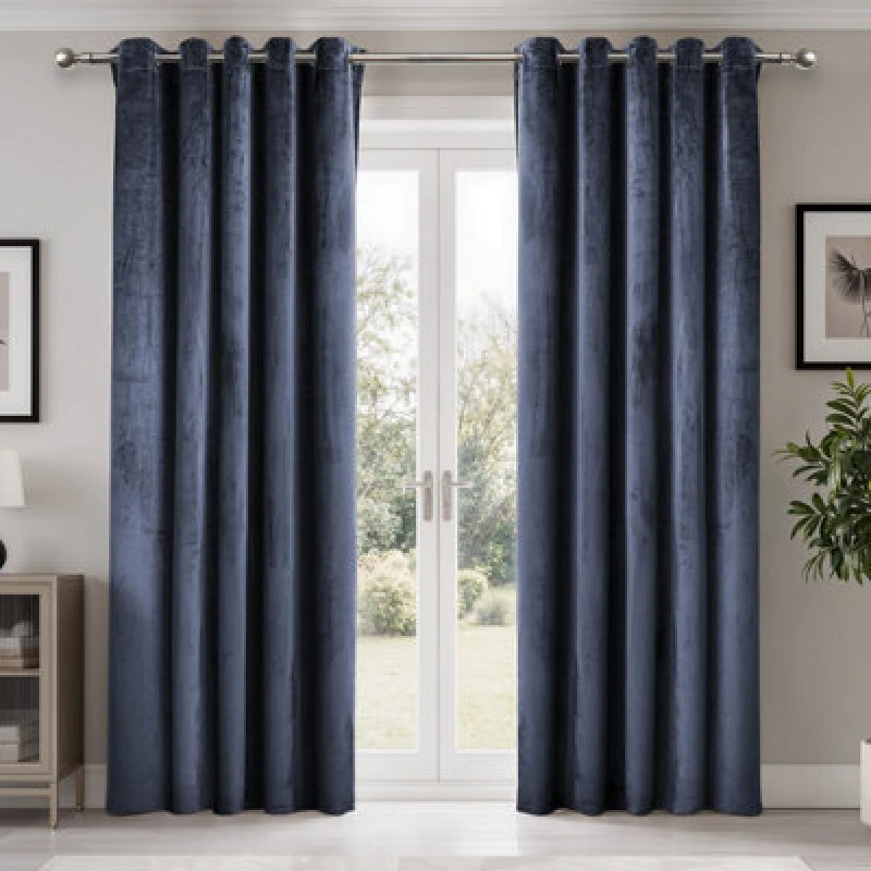 Image of Emma Barclay Dusk Blackout Velvet Eyelet Curtains, Dark Navy - 46 X 54" Pair