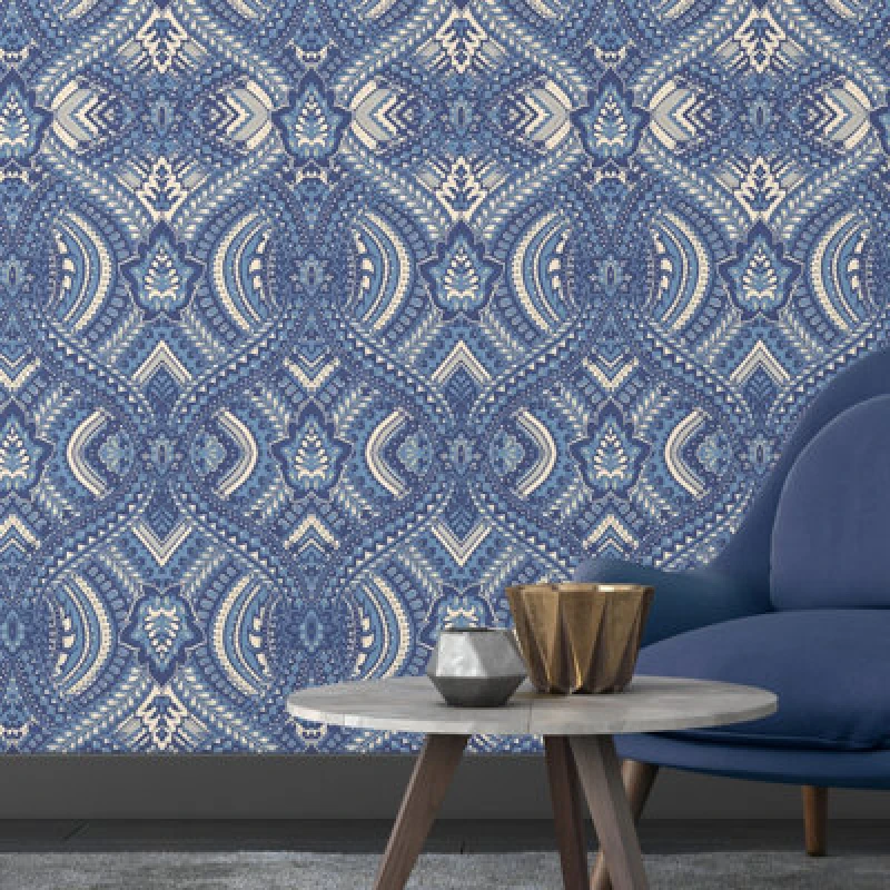 Image of Hoopla Walls Ogee Damask Matt Wallpaper Navy