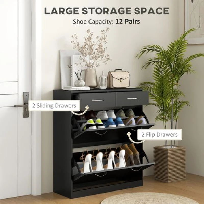 Image of HOMCOM HOMCOM Slim Shoe Cabinet with 2 Flip Drawers for 12 Pairs of Shoes Black