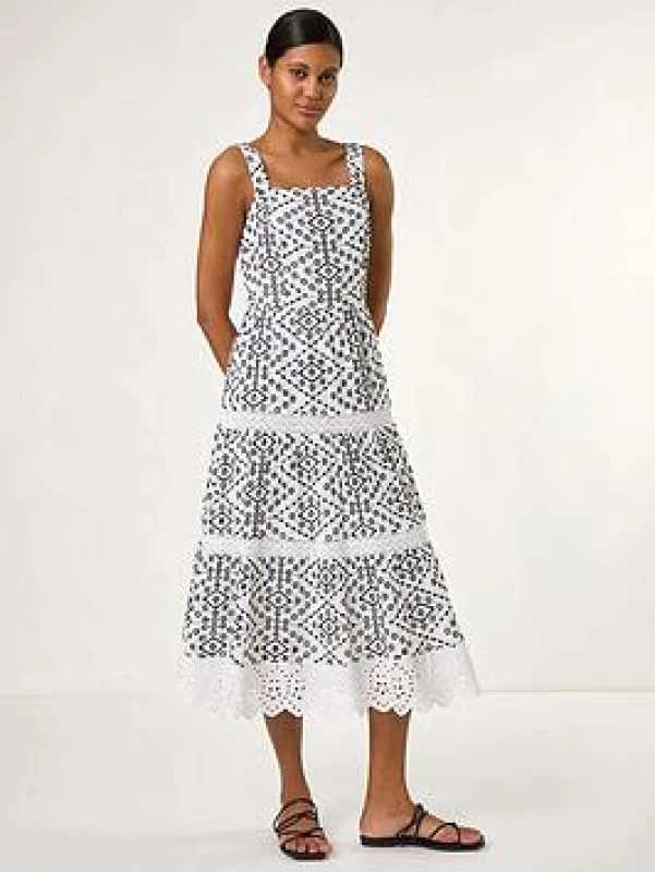 Image of Roman Womens Broderie Strappy Midi Dress in White Size: 18 White Female 18